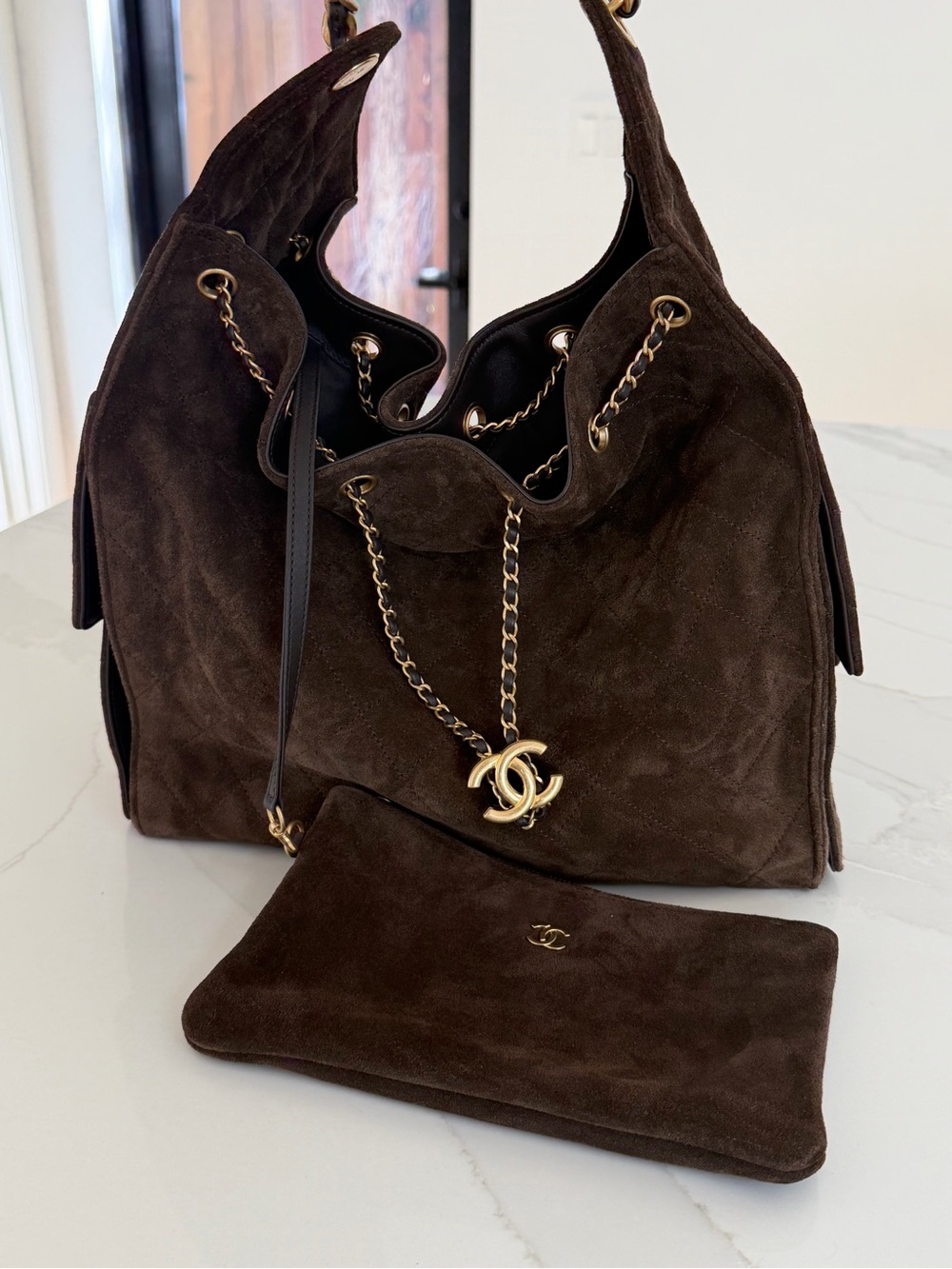 CHANEL 25 Dark Brown Suede Hobo with Gold Chain and CC Charm MEDIUM